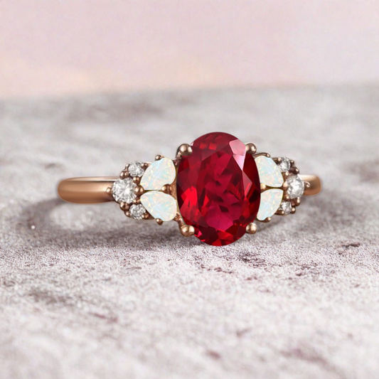 Vintage Oval Ruby Engagement Ring Unique Opal Sidestones Oval Gemstone Promise Ring