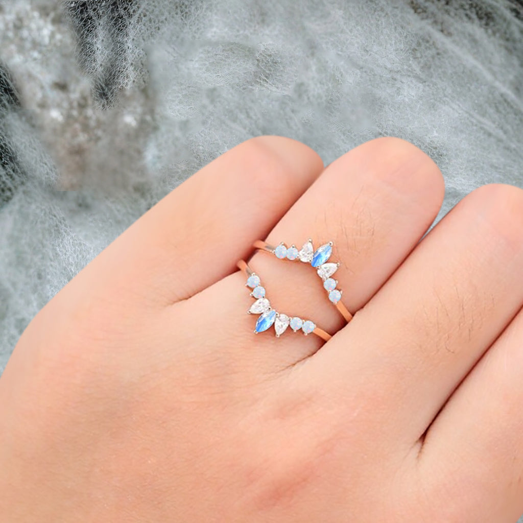 Antique Moonstone Wedding Ring Curved Enhancer Moonstone Wedding Band Vintage Stacking Band Unique Matching Ring Promise Anniversary Gift For Her