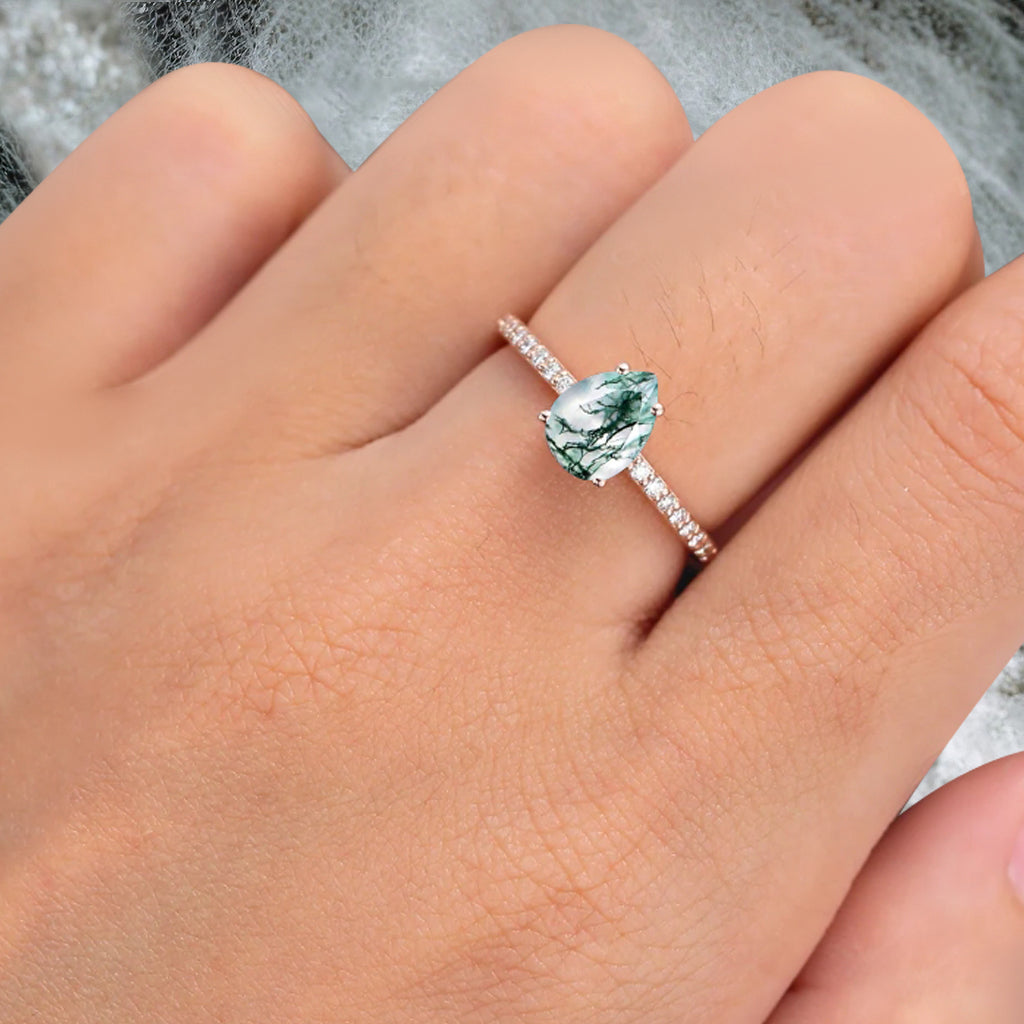 Unique Pear Cut Moss Agate Engagement Ring Vintage Green Agate Wedding Ring Delicate Green Moss Agate Ring Moissanite Cluster Ring For Women