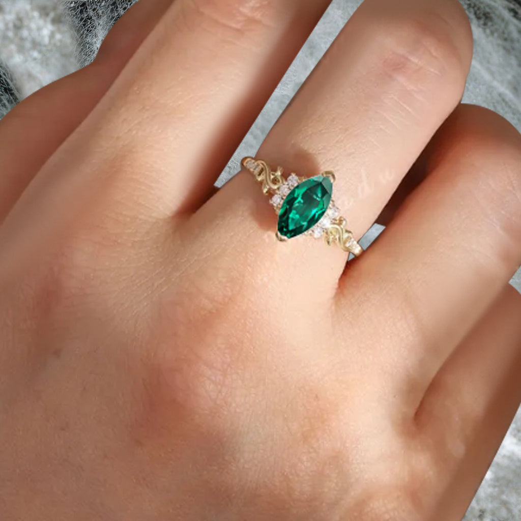 Art Deco Emerald Engagement Ring Marquise Shape Green Agate Ring Unique Emerald Moissanite Cluster Wedding Ring Vintage Ring For Her