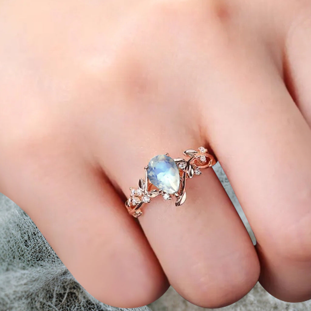 Unique Pear Cut Moonstone Engagement Women Ring Vintage Rose Gold Art Deco Cluster Leaf Nature Inspired Bridal Wedding Ring