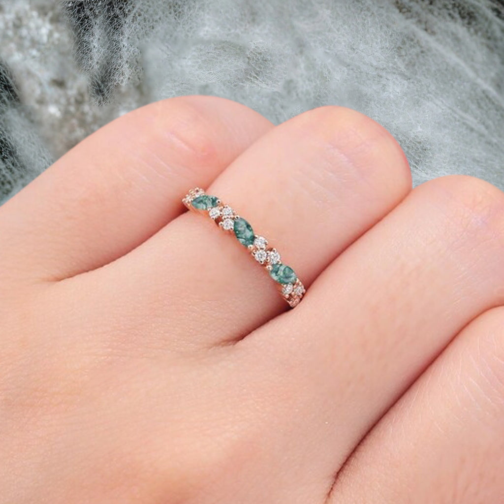 Marquise cut Moss Agate wedding band Vintage Rose gold wedding band Half eternity Moissanite Wedding band Bridal Matching Stackable band