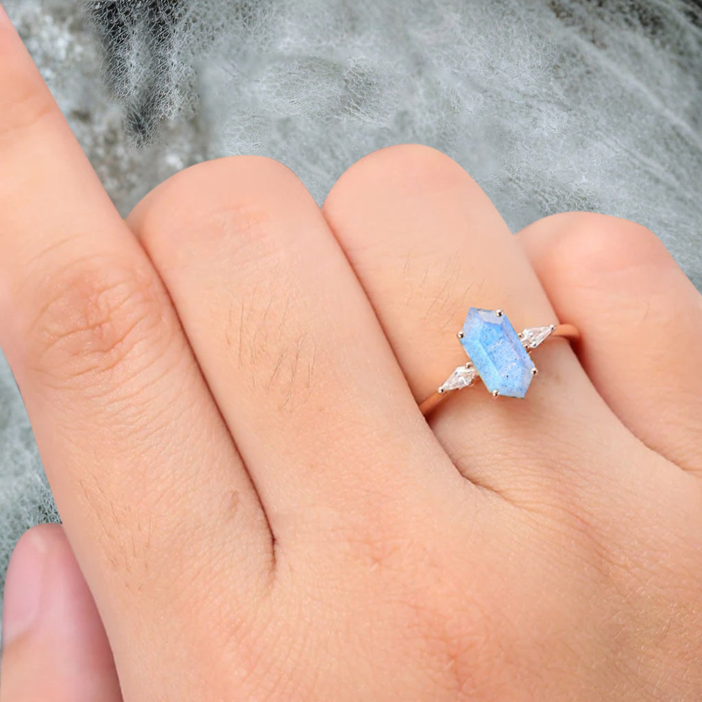 Vintage Hexagon Cut Labradorite Ring Moissanite Engagement Ring Unique Promise Bridal Ring