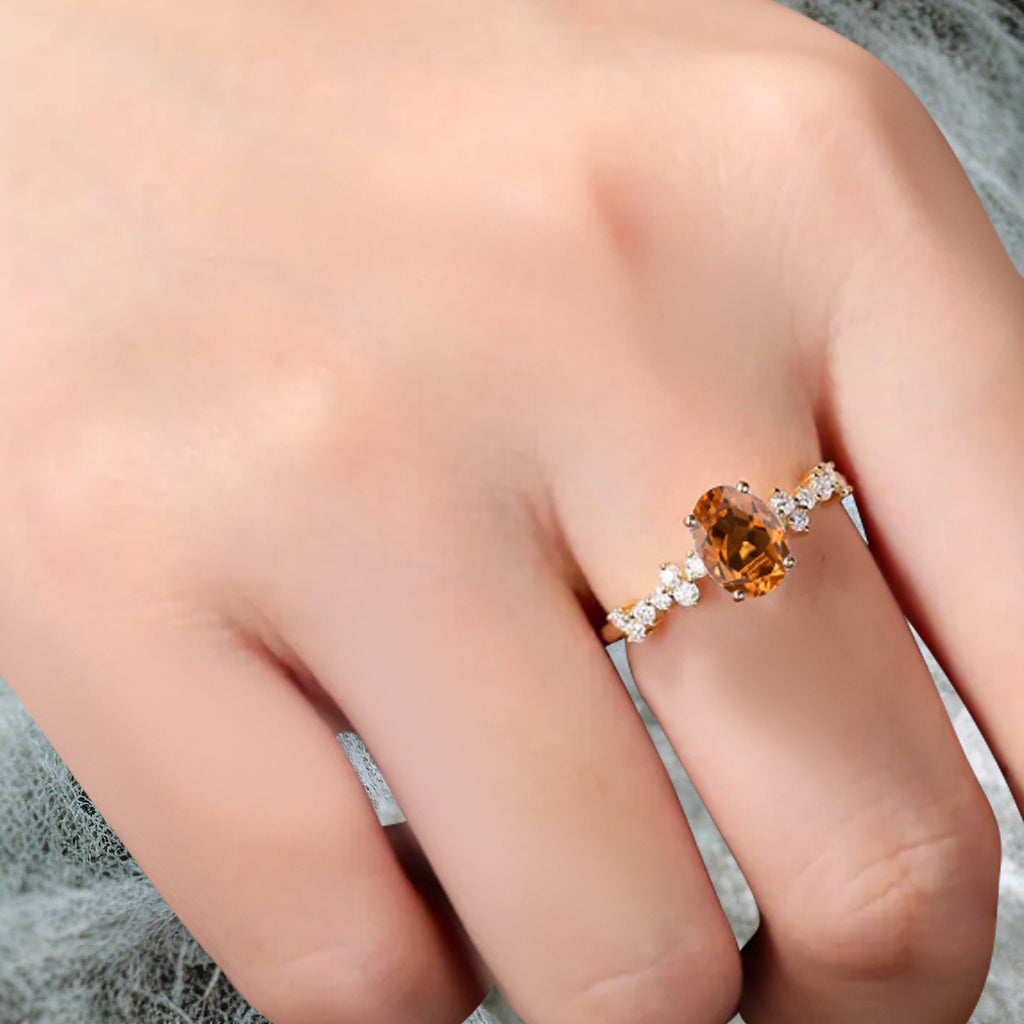 Unique Citrine Ring 14K Solid Gold Vintage Oval Orange Citrine Engagement Ring Art Deco Moissanite Promise Ring Anniversary Gift For Women