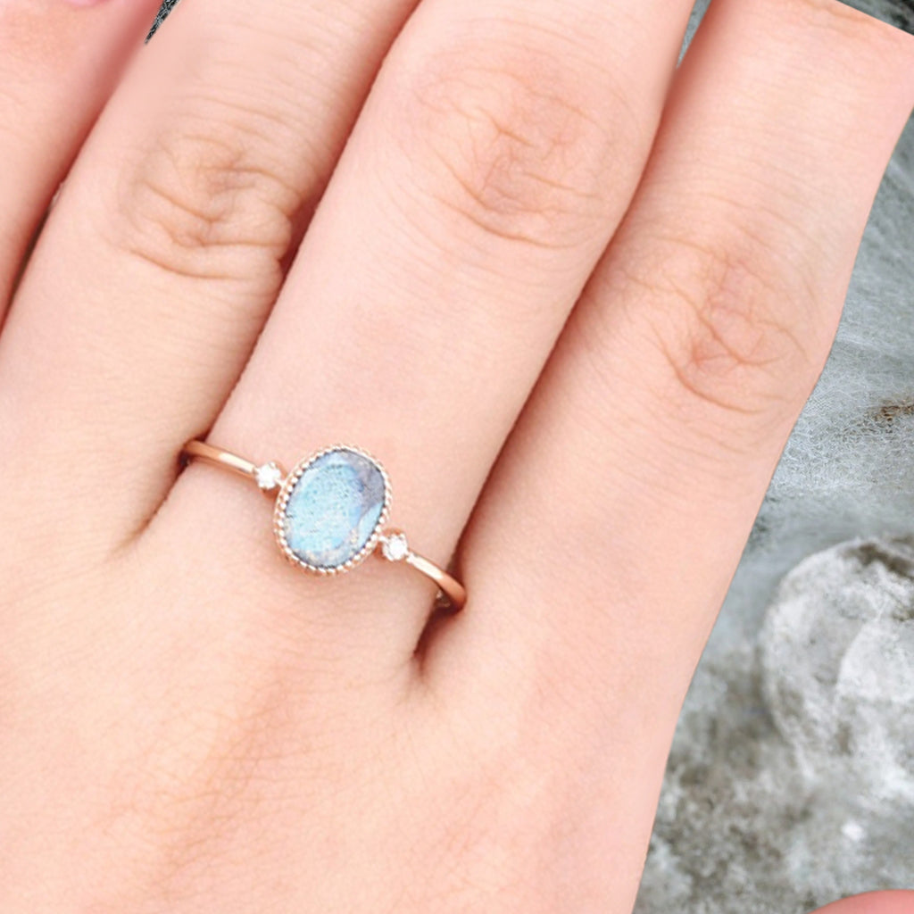 Vintage Unique Labradorite Engagement Ring Solid 10K Gold Labradorite Ring Delicate Gemstone Ring Handmade Bridal Jewelry