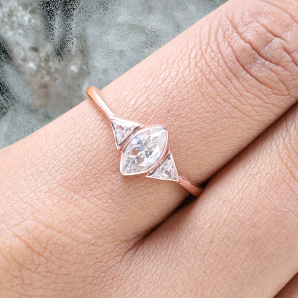 Unique Vintage Marquise Cut Moissanite Ring Solitaire Engagement Ring Art Deco Moissanite Ring Handcrafted 14k Rose Gold Ring Bridal Promise Ring