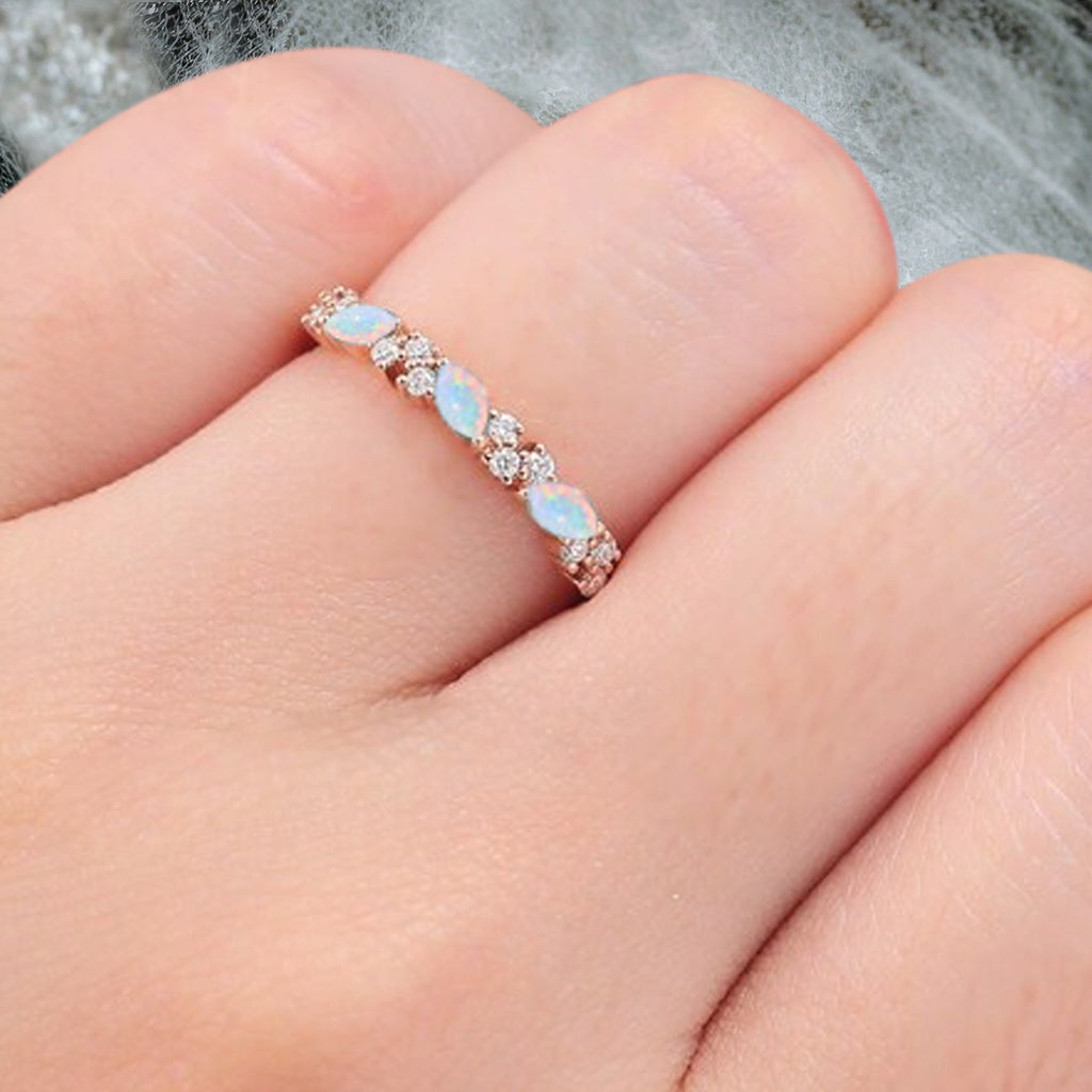 Marquise cut Opal wedding band Vintage Rose gold wedding band Half eternity Opal Wedding band Bridal Matching Stackable band
