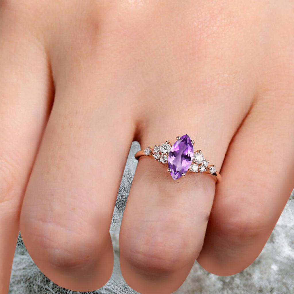 Vintage Marquise Amethyst Engagement Ring, Rose Gold Moissanite Cluster Custom Sterling Silver Wedding Ring Promise Ring Gift for her