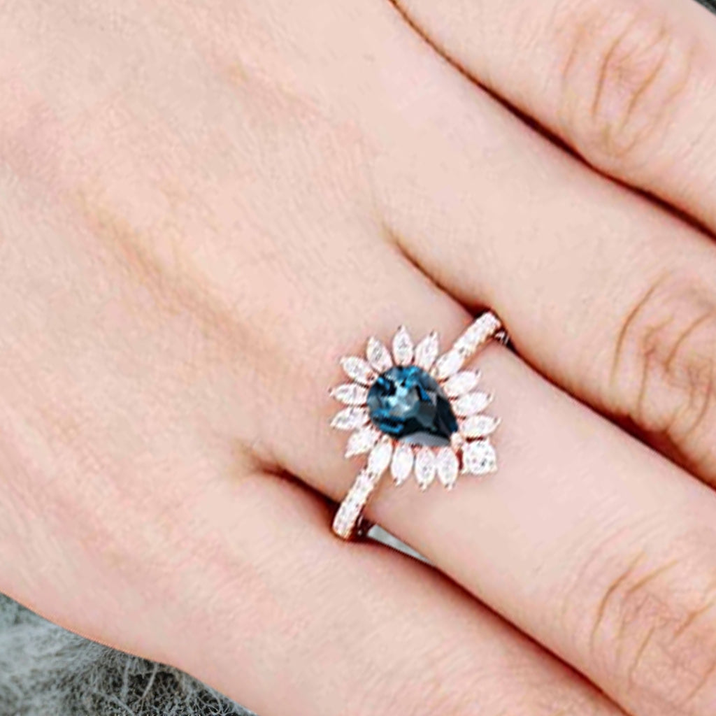 Vintage Blue-Green Sapphire Engagement Ring 14K Rose Gold Blue-Green Sapphire Unique Gemstone Bridal Ring For Women Moissanite Halo Promise Gift For Her