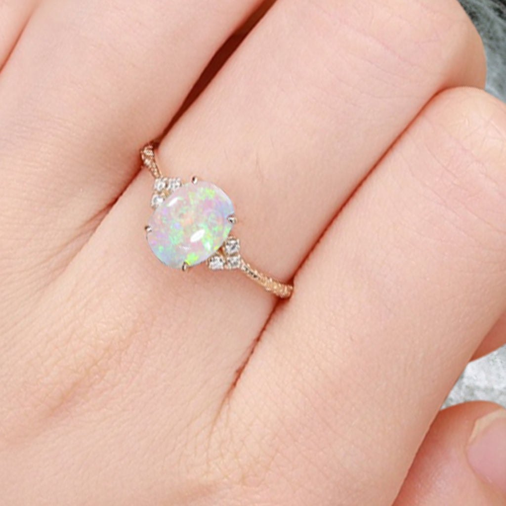 Vintage Unique Opal Engagement Ring Solid 14K Gold Pink-White Opal Ring July Birthstone Ring Delicate Opal Gemstone Ring Handmade Bridal Jewelry