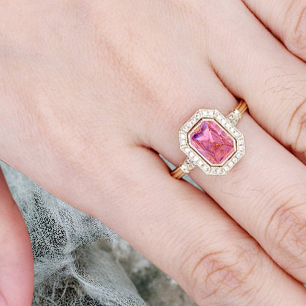 Vintage Pink Sapphire Emerald Cut Ring Art Deco Pink Sapphire Engagement Rings July Birthstone Ring Handmade Octagon Gemstone Statement Ring Personalized Jewelry Gift For Her