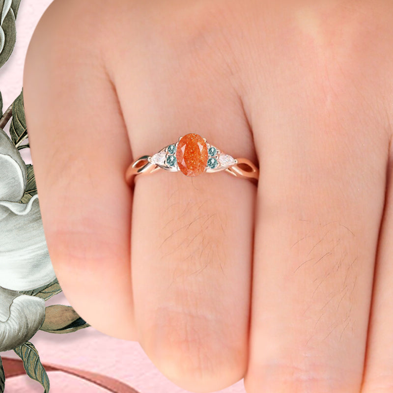 Vintage Oval Sunstone Engagement Ring Unique Moss Agate Sidestones Oval Gemstone Promise Ring