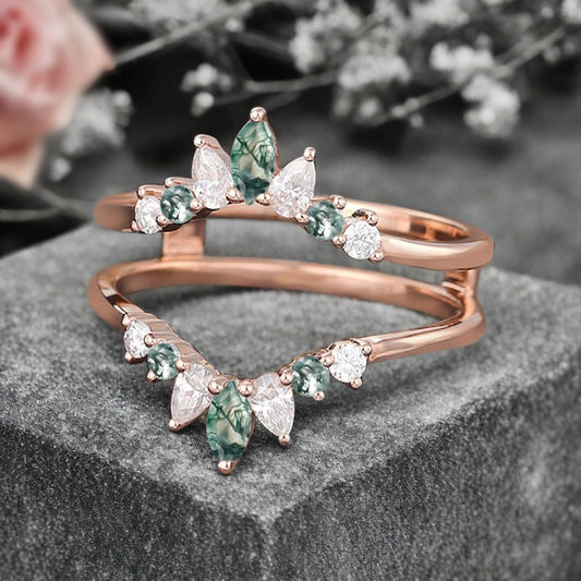 Antique Moss Agate Wedding Ring Curved Enhancer Moissanite Wedding Band Vintage Stacking Band Unique Matching Ring Promise Anniversary Gift For Her