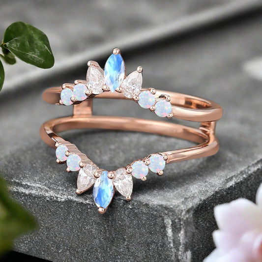 Antique Moonstone Wedding Ring Curved Enhancer Moonstone Wedding Band Vintage Stacking Band Unique Matching Ring Promise Anniversary Gift For Her