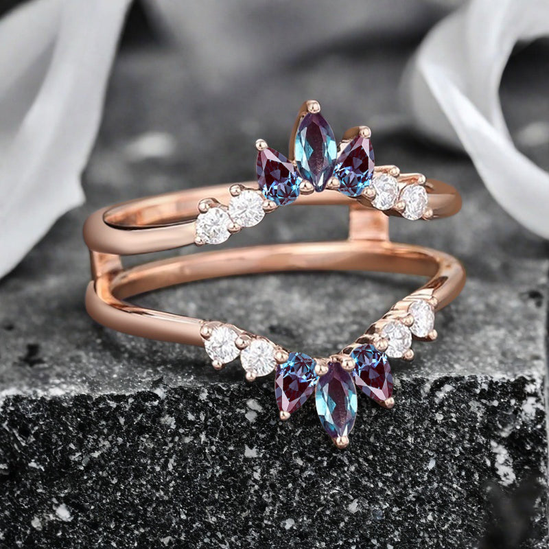 Antique Alexandrite Wedding Ring Curved Enhancer Alexandrite Wedding Band Vintage Stacking Band Unique Matching Ring Promise Anniversary Gift For Her