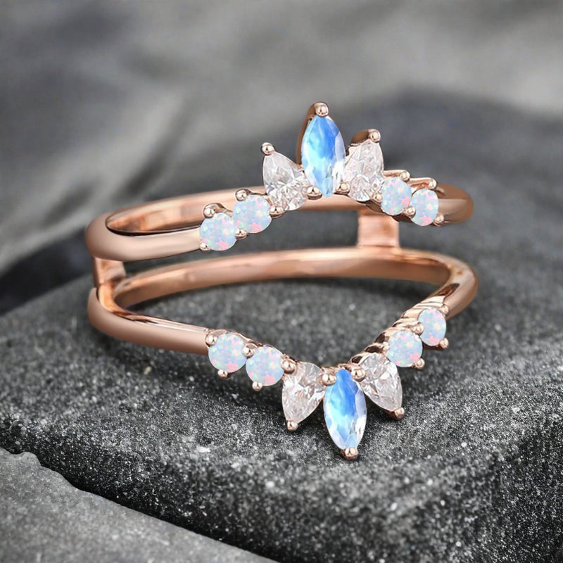 Antique Moonstone Wedding Ring Curved Enhancer Moonstone Wedding Band Vintage Stacking Band Unique Matching Ring Promise Anniversary Gift For Her
