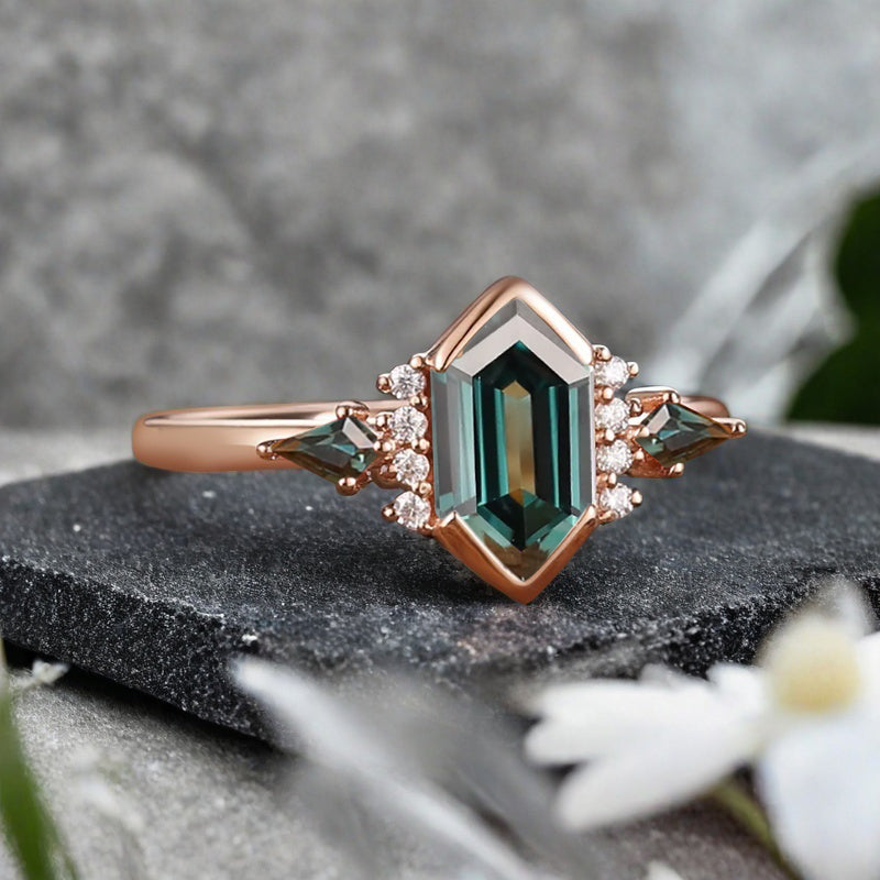 Vintage Hexagon Cut Blue Green Sapphire Engagement Ring Olivine Wedding Promise Ring