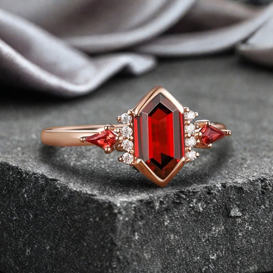 Vintage Hexagon Cut Ruby Ring Ruby Gemstone Engagement Ring Unique Ruby Promise Bridal Ring