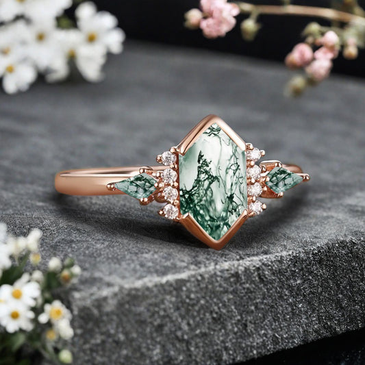 Vintage Hexagon Cut Moss Agate Ring Moissanite Gemstone Engagement Ring Unique Moss Agate Promise Bridal Ring