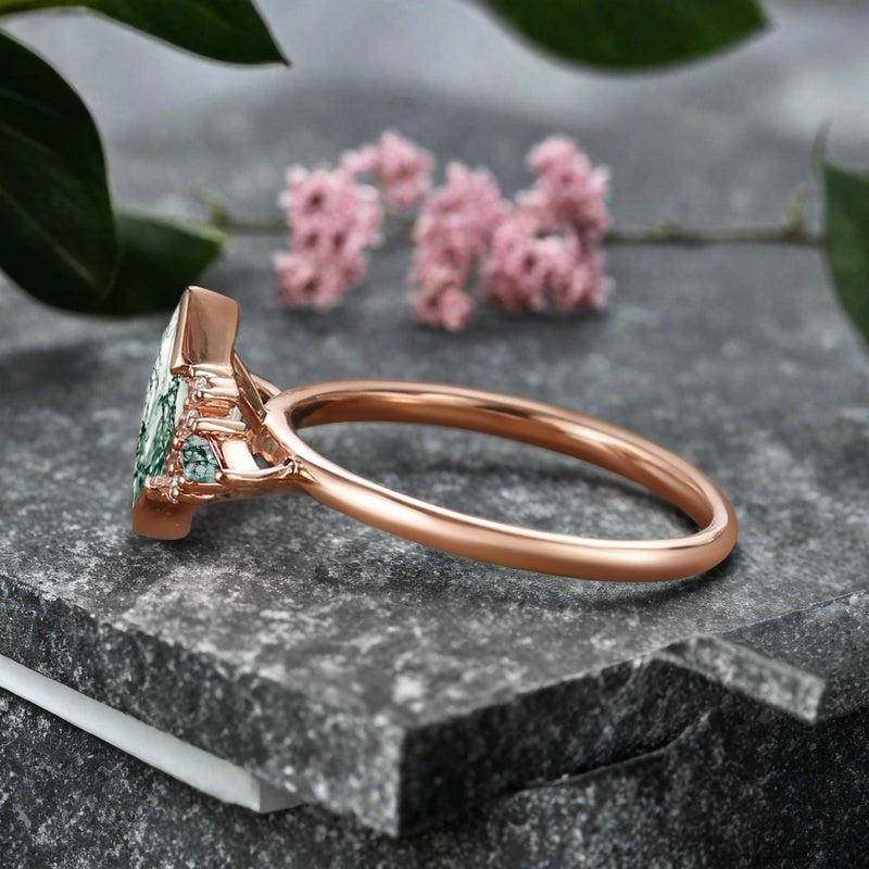 Vintage Hexagon Cut Moss Agate Ring Moissanite Gemstone Engagement Ring Unique Moss Agate Promise Bridal Ring