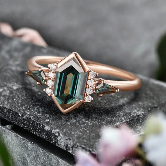 Vintage Hexagon Cut Blue Green Sapphire Engagement Ring Olivine Wedding Promise Ring