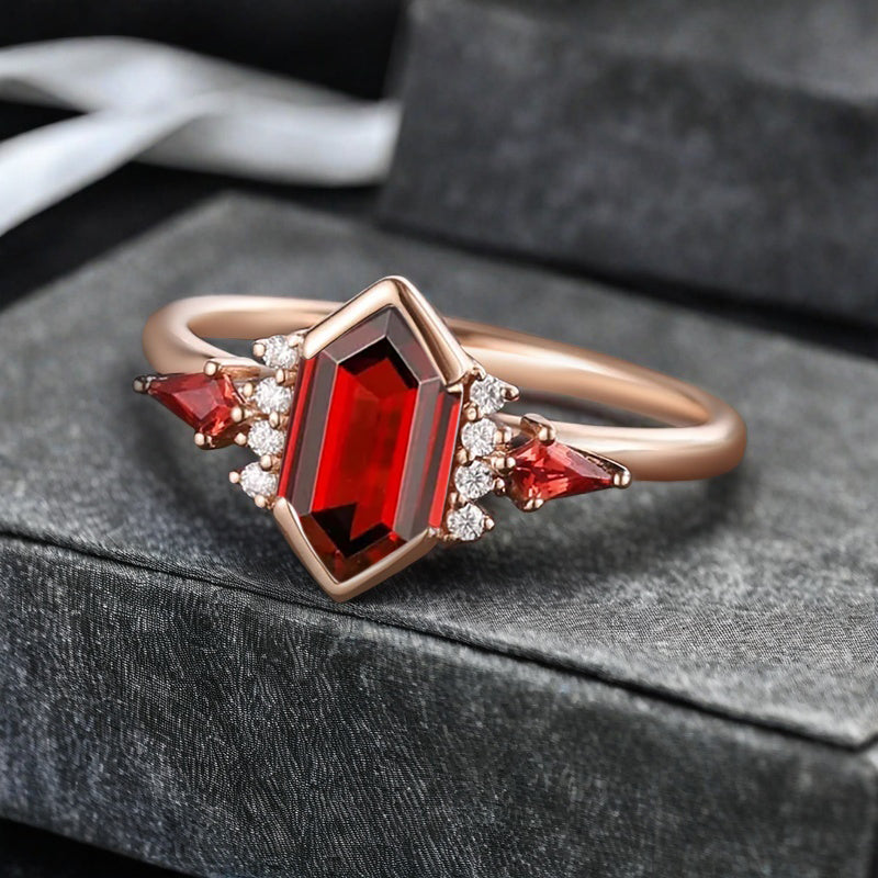 Vintage Hexagon Cut Ruby Ring Ruby Gemstone Engagement Ring Unique Ruby Promise Bridal Ring