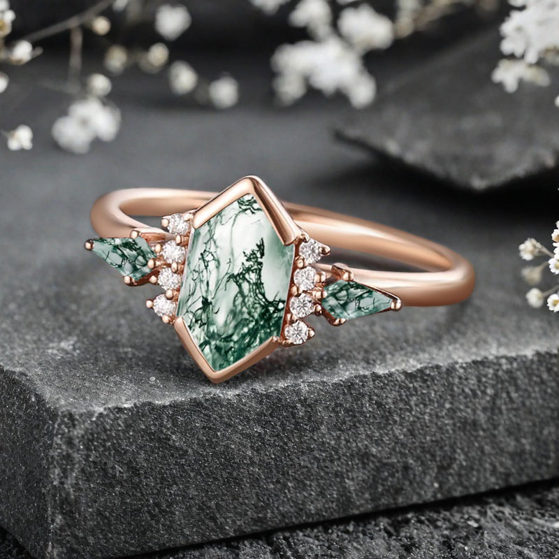 Vintage Hexagon Cut Moss Agate Ring Moissanite Gemstone Engagement Ring Unique Moss Agate Promise Bridal Ring