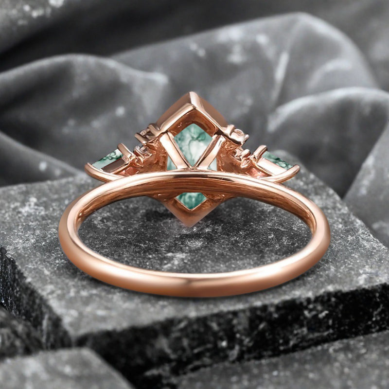 Vintage Hexagon Cut Moss Agate Ring Moissanite Gemstone Engagement Ring Unique Moss Agate Promise Bridal Ring