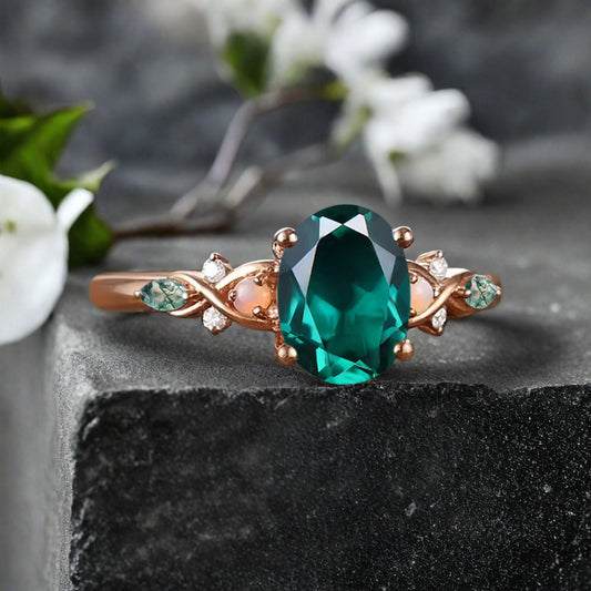 Vintage Oval Emerald Engagement Ring Unique Oval Emerald Opal Promise Ring