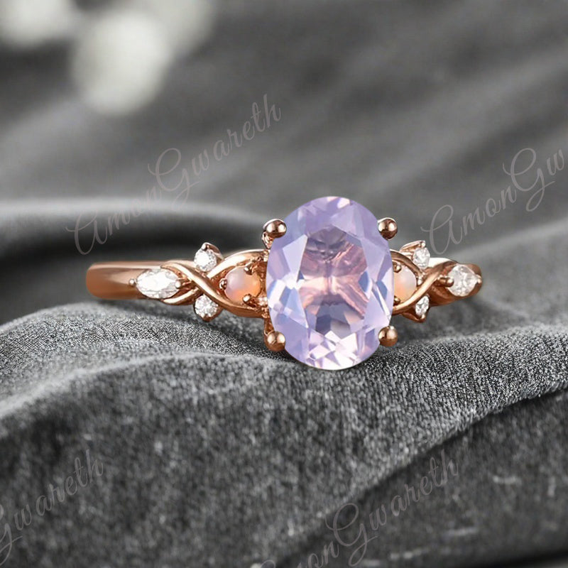 Bague de fiançailles vintage ovale en pierre de lune, bague de promesse unique en opale et moissanite