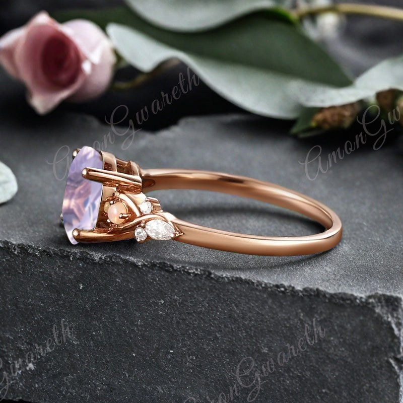 Bague de fiançailles vintage ovale en pierre de lune, bague de promesse unique en opale et moissanite