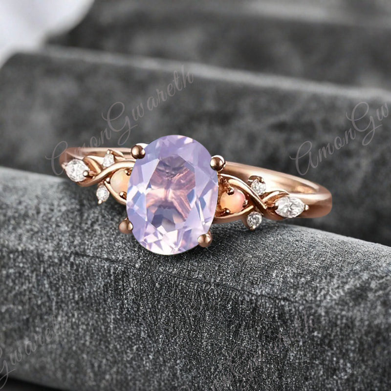 Bague de fiançailles vintage ovale en pierre de lune, bague de promesse unique en opale et moissanite