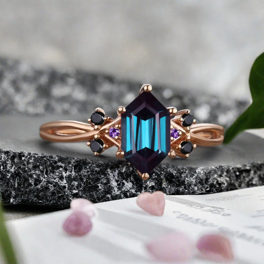 Vintage Hexagon Cut Alexandrite Gemstone Engagement Ring Alexandrite Wedding Promise Ring