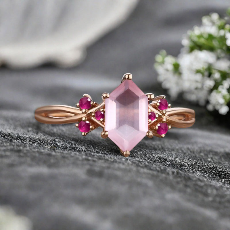Vintage Hexagon Cut Pink Sapphire Gemstone Engagement Ring Pink Sapphire Wedding Promise Ring
