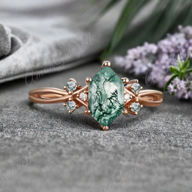 Vintage Hexagon Cut Moss Agate Engagement Ring Moissanite Wedding Ring