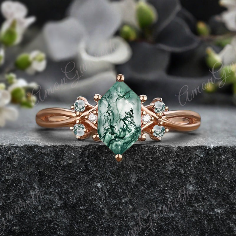 Vintage Hexagon Cut Moss Agate Engagement Ring Moissanite Wedding Ring