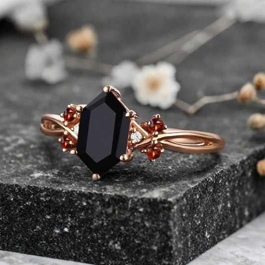 Vintage Hexagon Cut Black Onyx Gemstone Engagement Ring Black Onyx Wedding Promise Ring