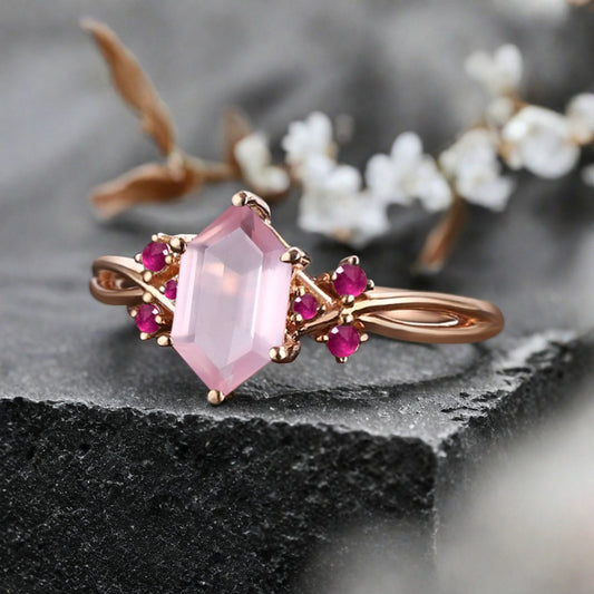 Vintage Hexagon Cut Pink Sapphire Gemstone Engagement Ring Pink Sapphire Wedding Promise Ring