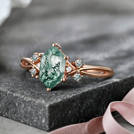 Vintage Hexagon Cut Moss Agate Engagement Ring Moissanite Wedding Ring