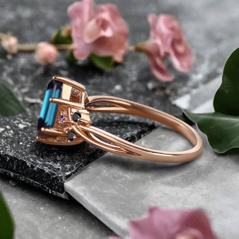 Bague de fiançailles vintage en saphir bleu-vert taille hexagonale Bague de promesse de mariage en saphir bleu-vert