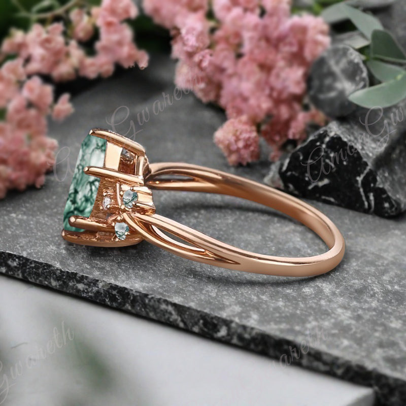 Vintage Hexagon Cut Moss Agate Engagement Ring Moissanite Wedding Ring