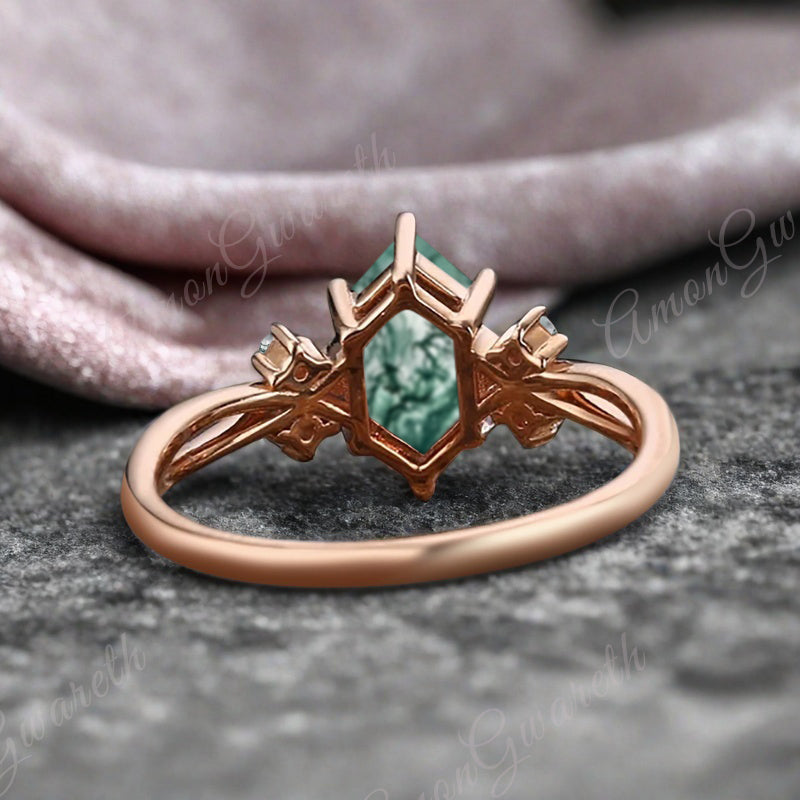 Vintage Hexagon Cut Moss Agate Engagement Ring Moissanite Wedding Ring