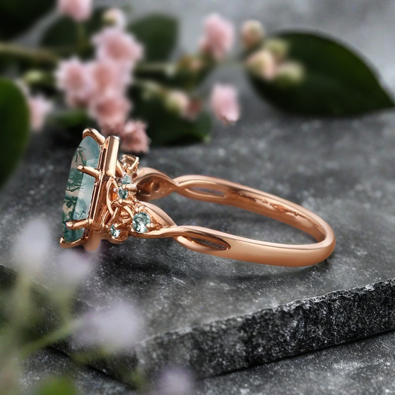 Art Deco Moss Agate Engagement Ring Hexagon Cut Moss Agate Bridal Ring