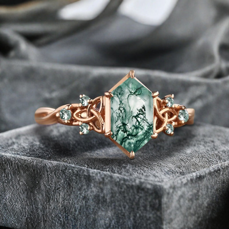 Art Deco Moss Agate Engagement Ring Hexagon Cut Moss Agate Bridal Ring