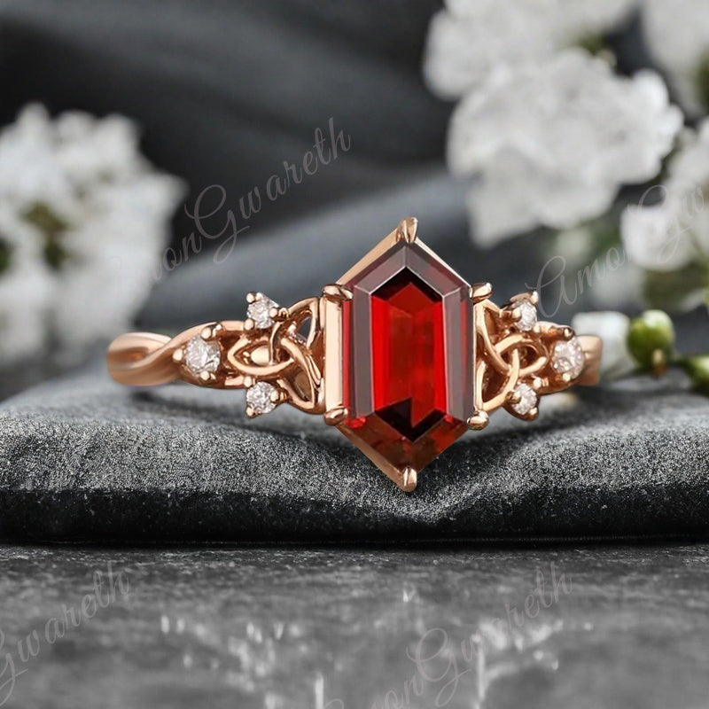 Art Deco Ruby Engagement Ring Hexagon Cut Ruby Bridal Ring
