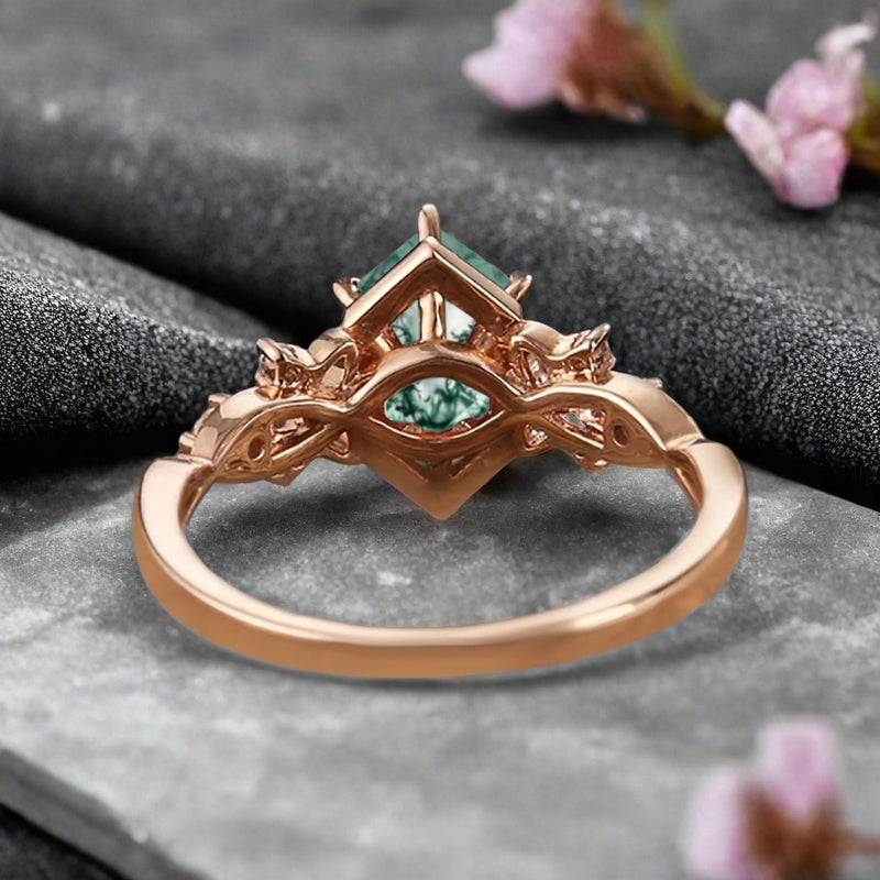 Art Deco Moss Agate Engagement Ring Hexagon Cut Moss Agate Bridal Ring