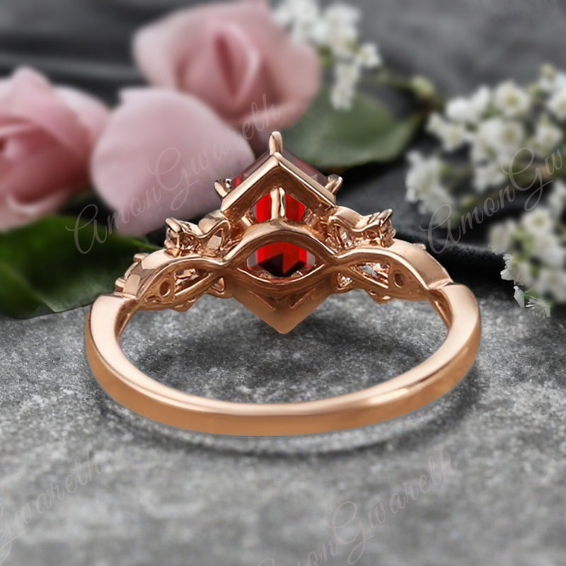 Art Deco Ruby Engagement Ring Hexagon Cut Ruby Bridal Ring
