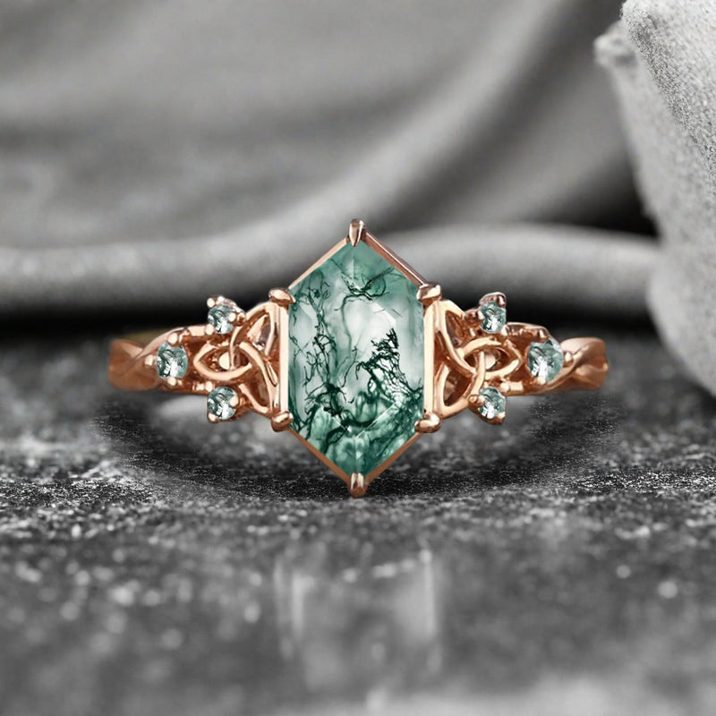 Art Deco Moss Agate Engagement Ring Hexagon Cut Moss Agate Bridal Ring