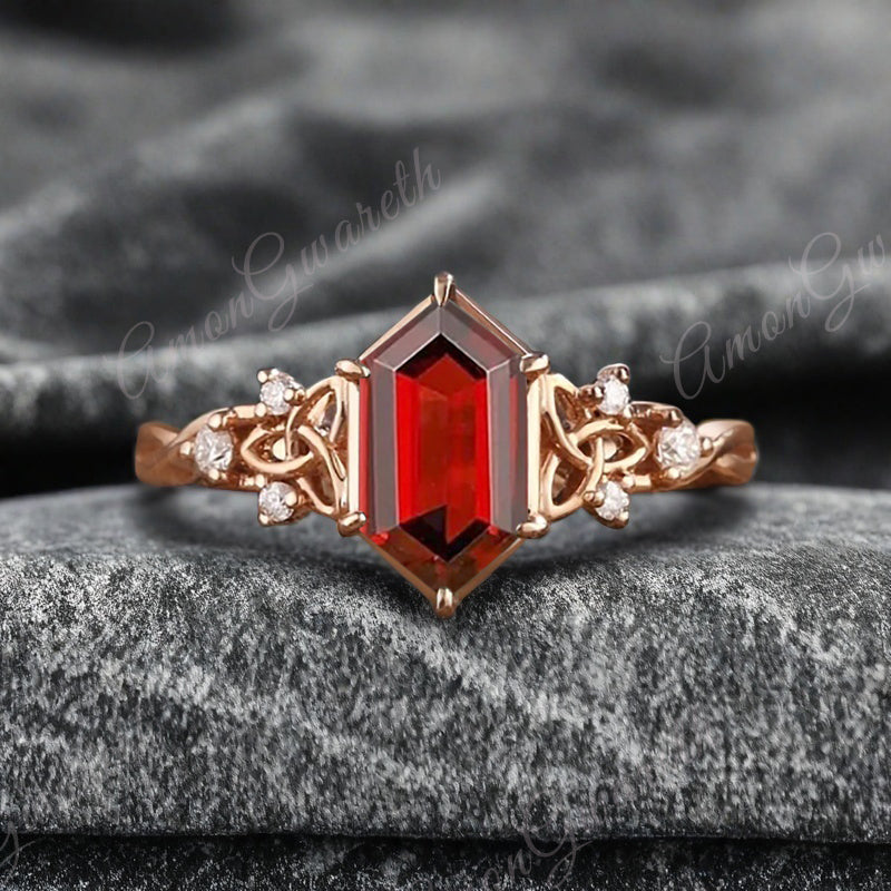 Art Deco Ruby Engagement Ring Hexagon Cut Ruby Bridal Ring