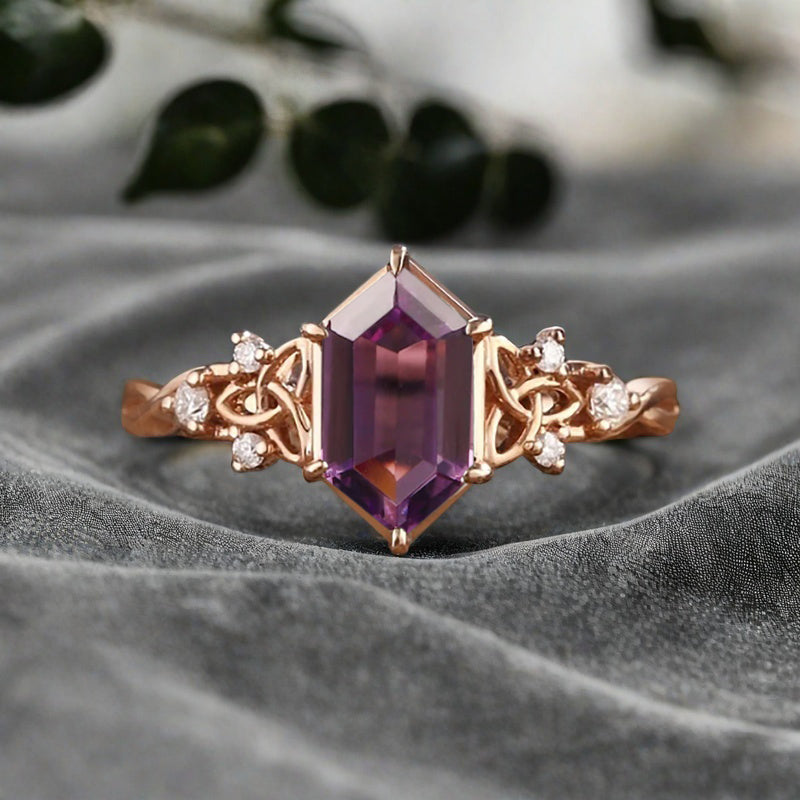 Art Deco Amethyst Engagement Ring Hexagon Cut Amethyst Bridal Ring